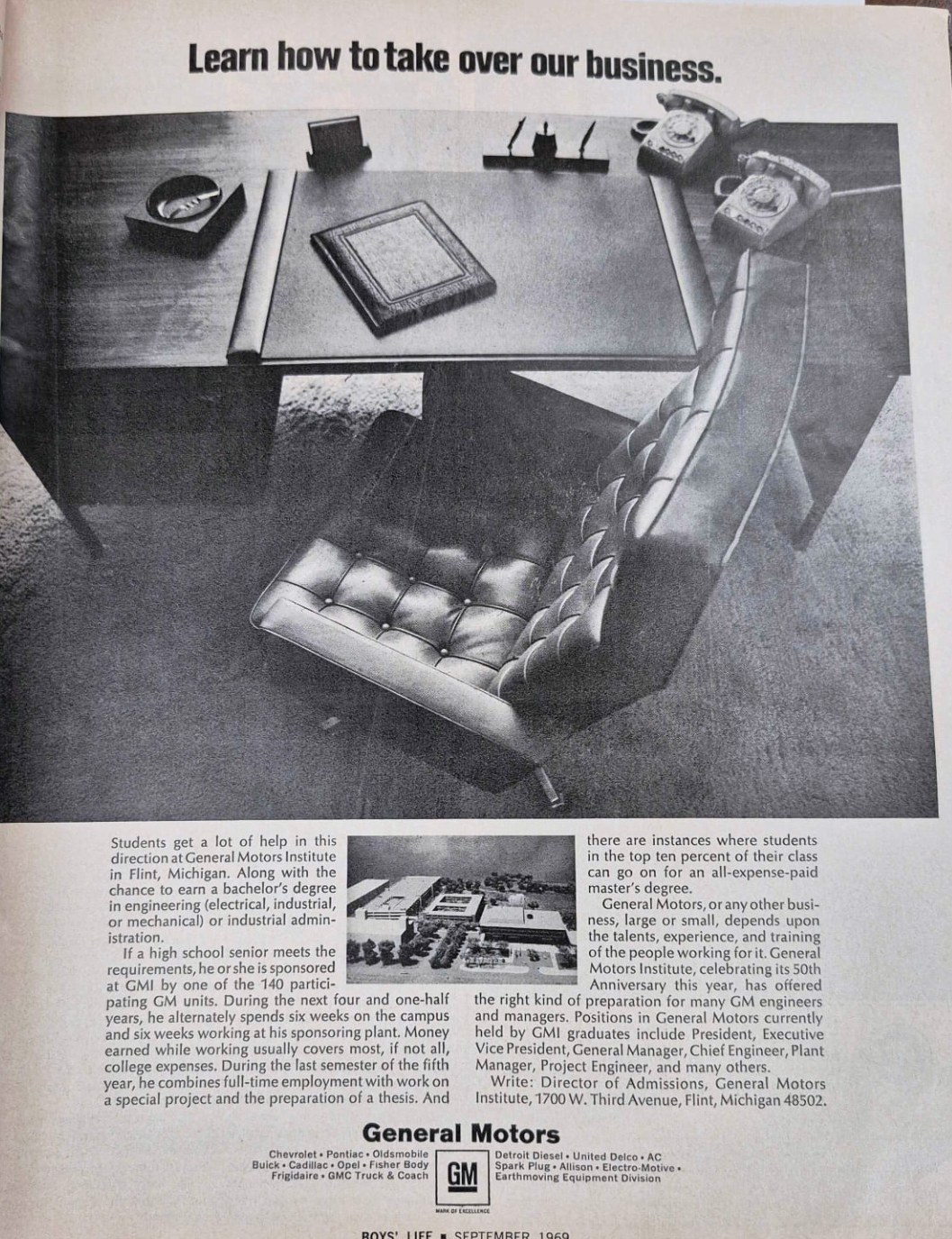 A 1969 General Motors magazine advertisement recruiting high school seniors to General Motors Institute, where students alternated six weeks of classes with six weeks of paid work at a sponsoring plant.